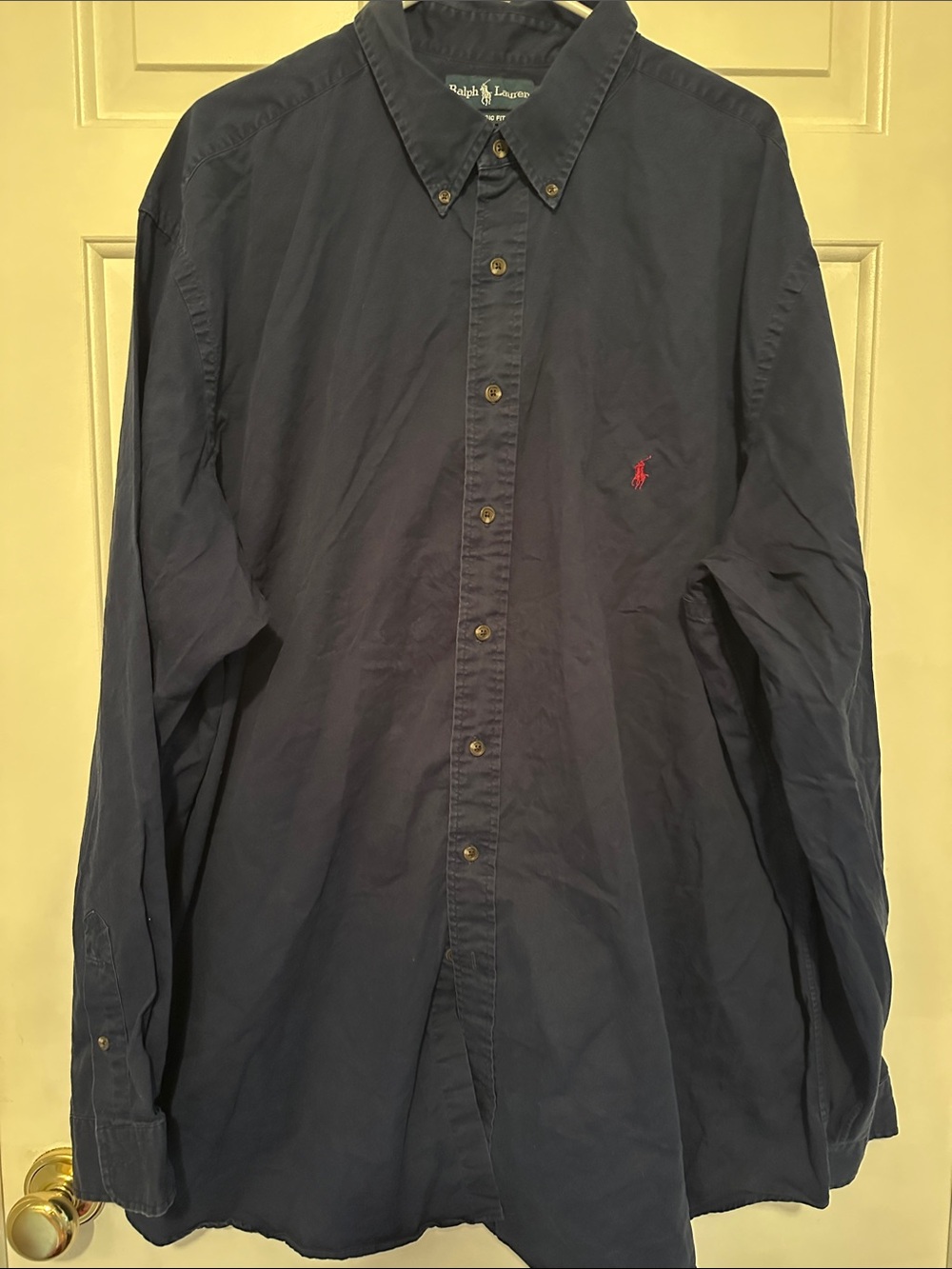 Big Tall 3XLT Ralph Lauren Navy Long-Sleeve Button-Down Shirt with Red Logo